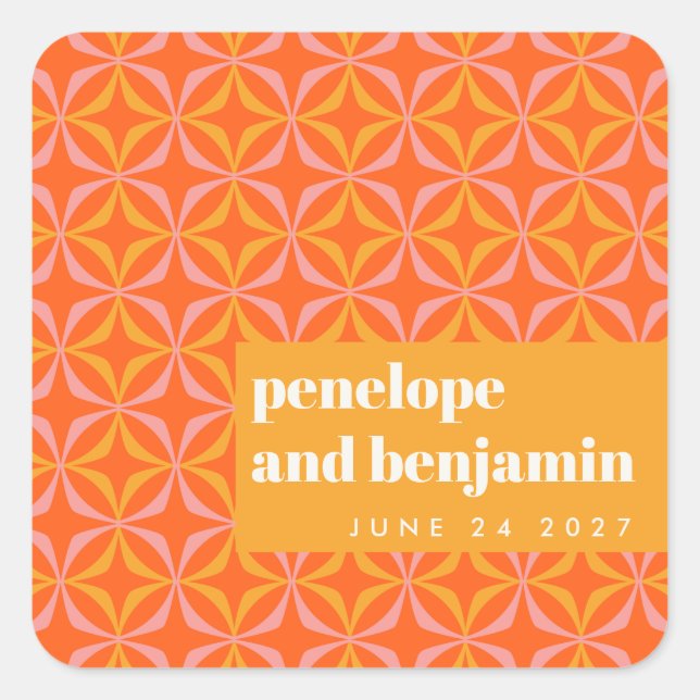 Sticker Carré Mariage de typographie orange jaune personnalisé (Devant)