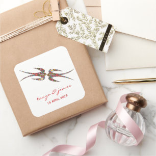 Sticker Carré Mariage des hirondelles baisantes et fleurs coloré