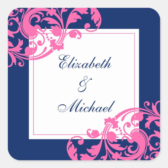 Sticker Carré Mariage des tourbillons bleu marine et rose (Devant)