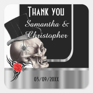 Sticker Carré Mariage du crâne gothique noir merci
