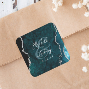 Sticker Carré Mariage écriture Agate Bleu sarcelle Argent