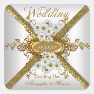 Sticker Carré Mariage élégant Blanc Fleurs de marguerite Or