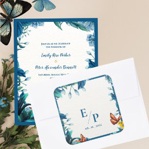 Sticker Carré Mariage élégant bleu papillon botanique monogramme