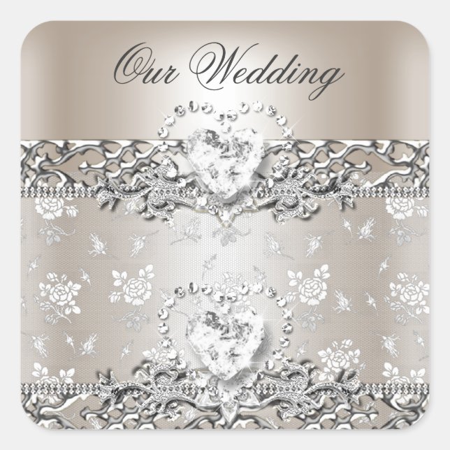 Sticker Carré Mariage élégant Crème d'argent Diamond Heart Invit (Devant)