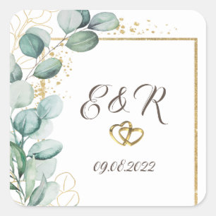 Sticker Carré Mariage élégant eucalyptus verdure cadre or