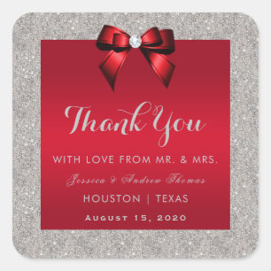 Sticker Carré Mariage élégant Rouge Rubis, Paillettes Argentées