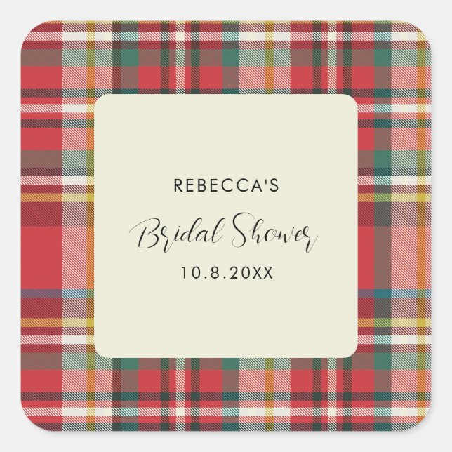 Sticker Carré Mariage Élégant Rustique Plaid Shower de Mariée (Devant)