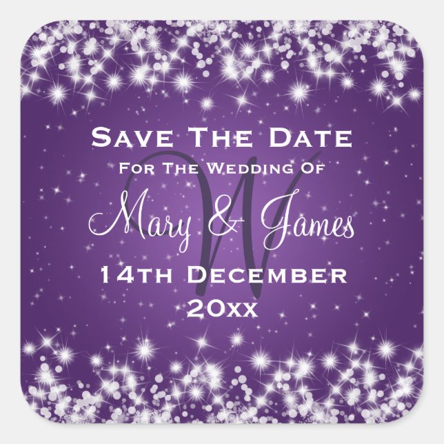 Sticker Carré Mariage Enregistrer La Date Hiver Étincelle Violet (Devant)