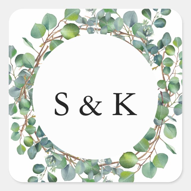 Sticker Carré Mariage Eucalyptus aquarelle (Devant)