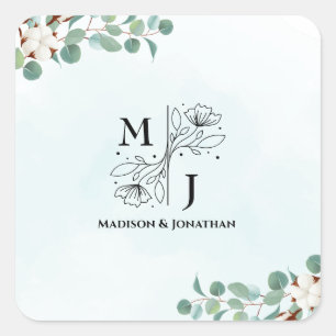 Sticker Carré Mariage Eucalyptus vert et Fleurs de coton