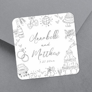 Sticker Carré Mariage Fantaisiste Gris Dessiné à la Main de Mani