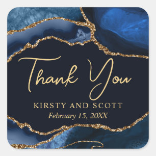 Sticker Carré Mariage Faux Paillettes Agate Bleu et Or
