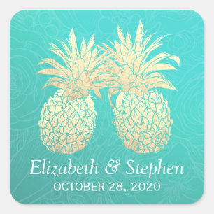 Sticker Carré Mariage Favoriser Vintage Gold Foil Ananas Couple