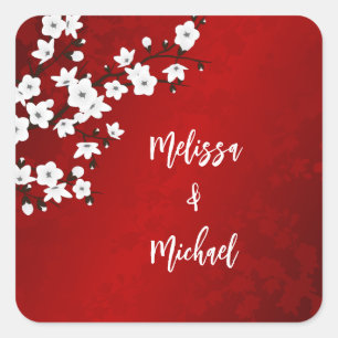 Sticker Carré Mariage Fleur de Cerisier Rouge
