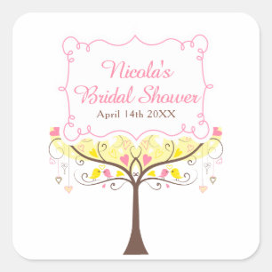 Sticker Carré Mariage Fleur Oiseau Rose Jaune