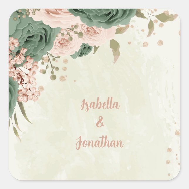 Sticker Carré mariage fleurs vert sauge (Devant)