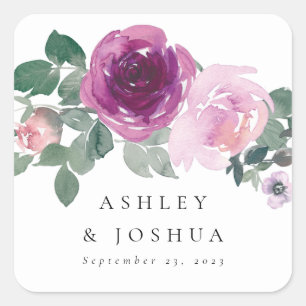Sticker Carré Mariage Floral Aquarelle Rouge Magenta