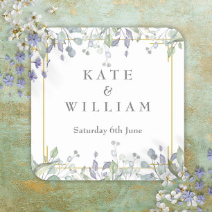 Sticker Carré Mariage Floral Aquarelle Sauge et Lilas