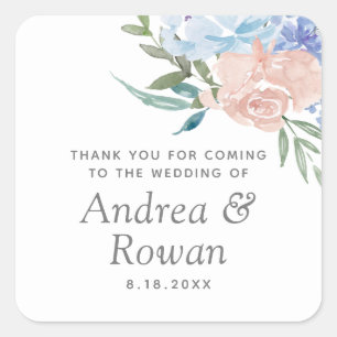 Sticker Carré Mariage floral bleu et rose