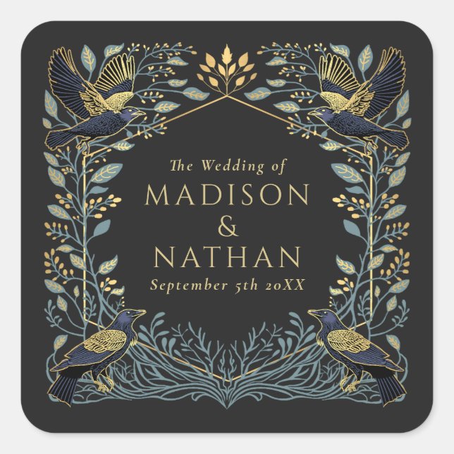 Sticker Carré Mariage floral corbeau gothique enchanté (Devant)