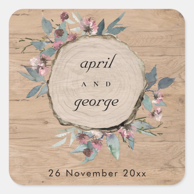 Sticker Carré Mariage Floral de Bois Rustique Eucalyptus Rose Sa (Devant)