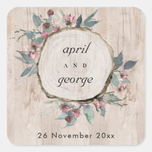 Sticker Carré Mariage Floral de Eucalyptus Rose Sauvage en Bois 