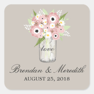 Sticker Carré Mariage floral de pot de maçon