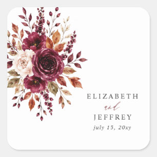 Sticker Carré Mariage Floral Élégant Bohème Bourguignon d'Automn