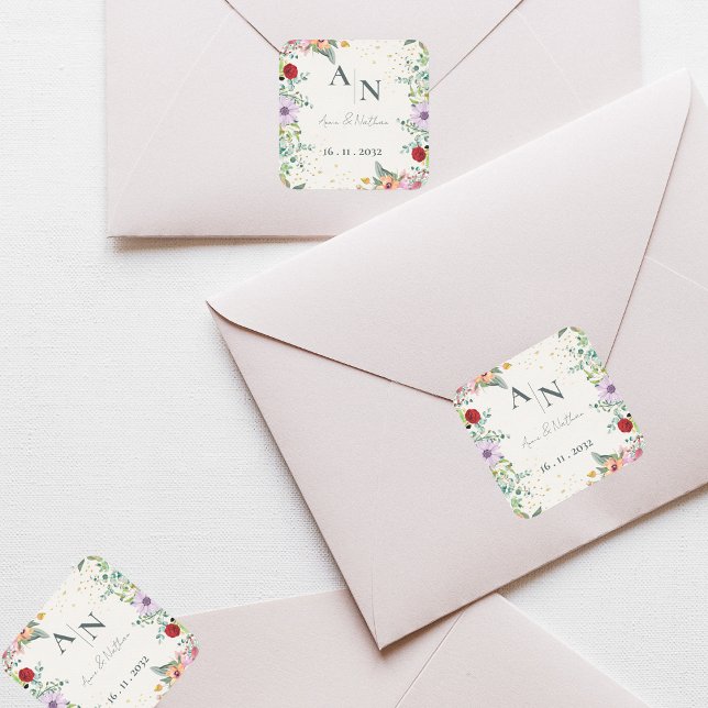 Sticker Carré Mariage Floral Fleur sauvage de monogramme (Monogram Watercolor Wildflowers Floral Wedding Square Sticker)