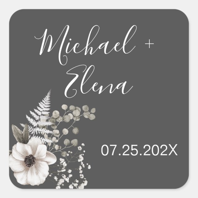 Sticker Carré Mariage floral gris foncé et blanc (Devant)