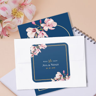 Sticker Carré Mariage Floral Magnolia Rose Pâle et Navy Élégant