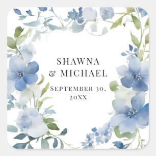 Sticker Carré Mariage Floral Moderne de Printemps Bleu Blanc Aqu