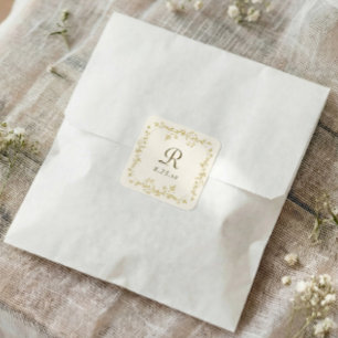 Sticker Carré Mariage Floral Or et Ivoire Monogramme