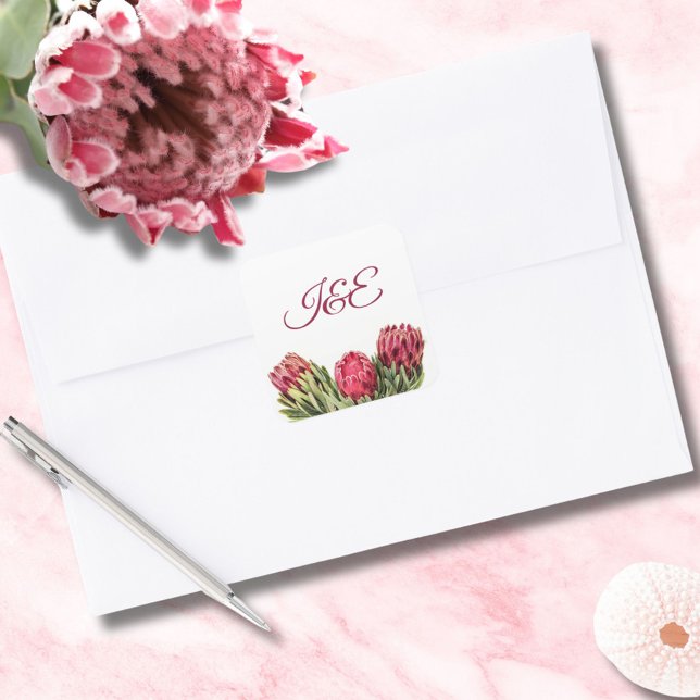 Sticker Carré Mariage Floral Protea Rose Botanique Moderne  (Créateur téléchargé)