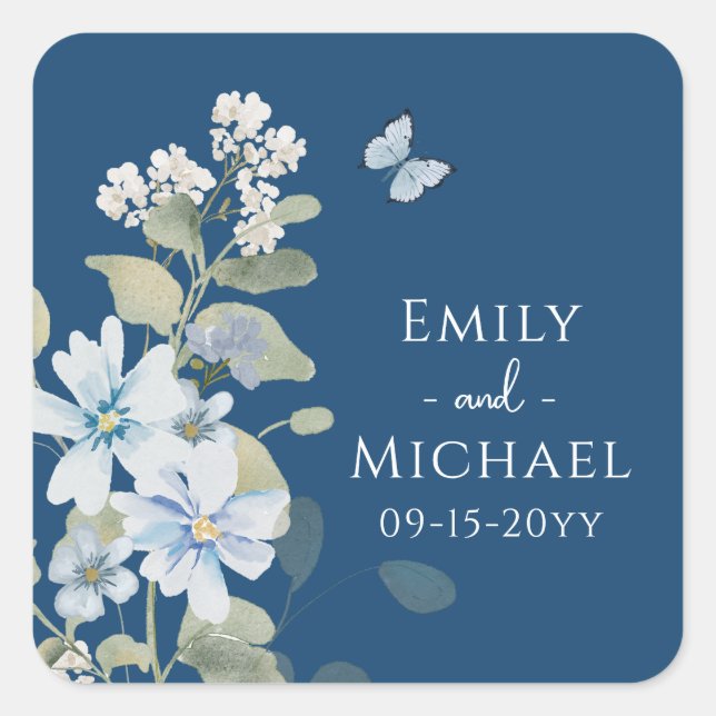 Sticker Carré Mariage floral romantique bleu Dusty (Devant)