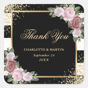 Sticker Carré Mariage floral rose noir bleu or