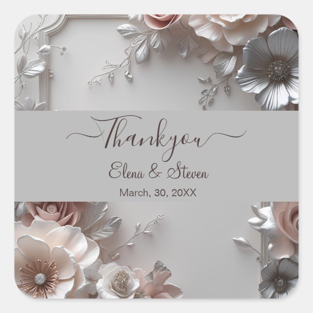 Sticker Carré Mariage floral rustique Élégant 3D (Devant)