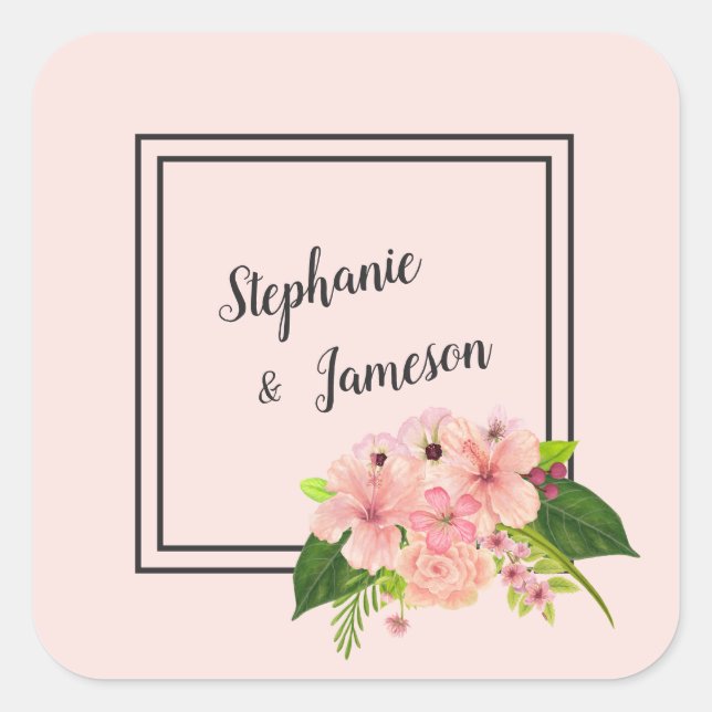 Sticker Carré Mariage floral tropical grand rose et pêche (Devant)
