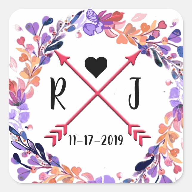 Sticker Carré Mariage floral violet Monogramme Conception de la  (Devant)