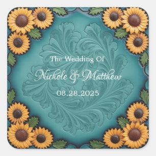 Sticker Carré Mariage frontalier de tournesol en cuir turquoise