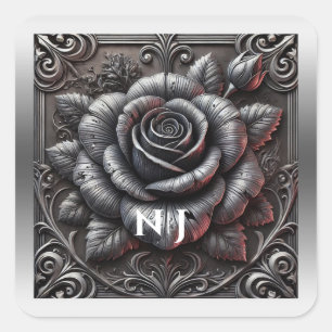 Sticker Carré Mariage gothique élégant gris argenté et rose noir