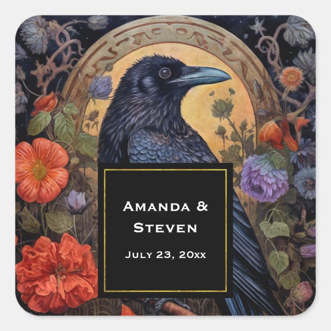 Sticker Carré Mariage gothique noir corbeau noir (Devant)