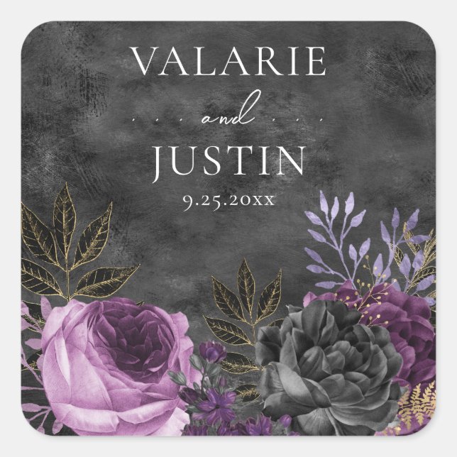 Sticker Carré Mariage gothique violet et noir floral (Devant)