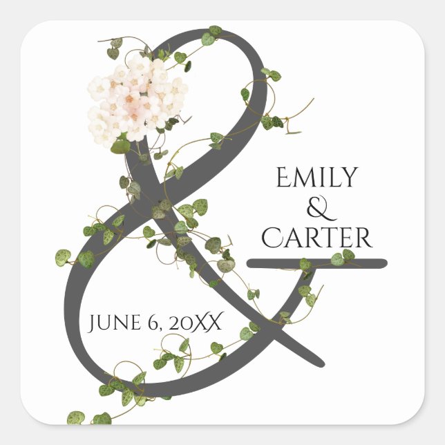 Sticker Carré Mariage Hydrangea et Ivy Ampersand (Devant)