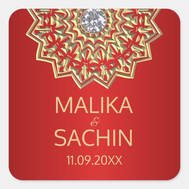Sticker Carré Mariage indien Mandala Flower RED Gold Seals (Devant)
