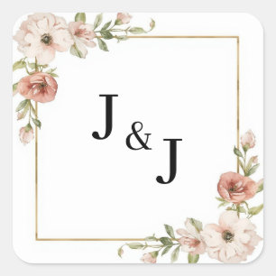 Sticker Carré Mariage Initiales Cadre Fleurs Épanouies Rose