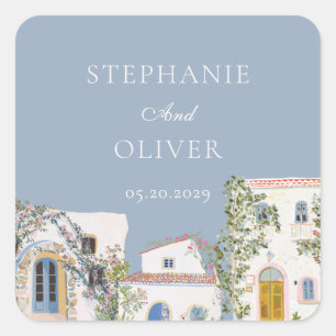 Sticker Carré Mariage Italien Méditerranéen Aquarelle Pastel