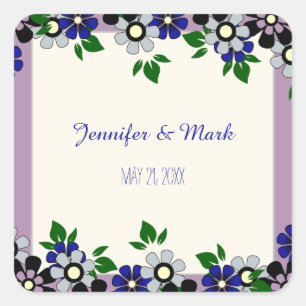Sticker Carré Mariage Lavande vintage, Fleurs Bleues et Argent