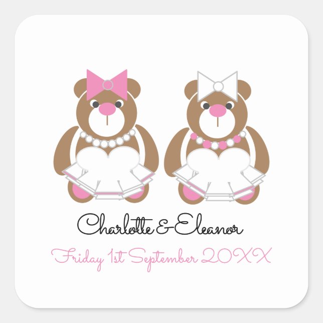 Sticker Carré Mariage lesbien Teddy Bear Brides cadeau ou faveur (Devant)