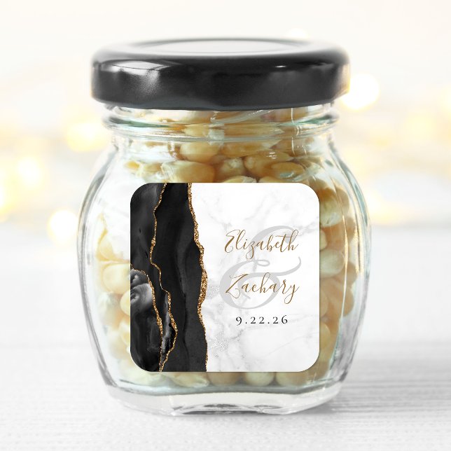 Sticker Carré Mariage Marbre Noir Agate Geode Script Or (Créateur téléchargé)